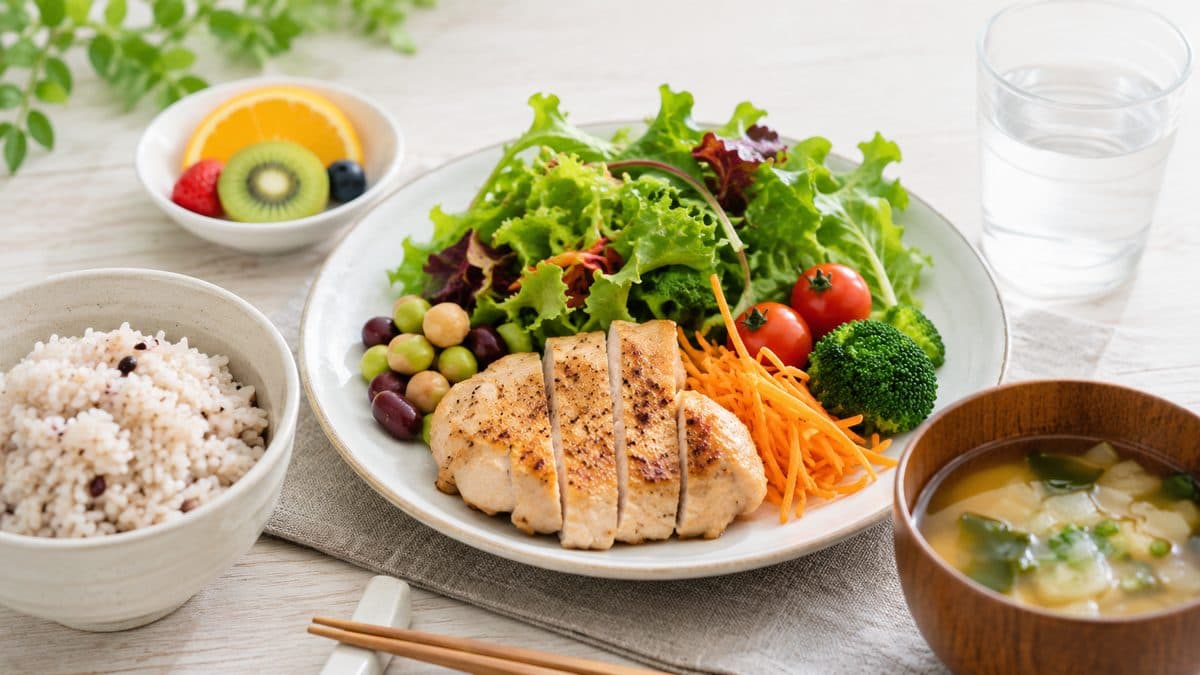 野菜と主菜と汁物が並んだ食事
