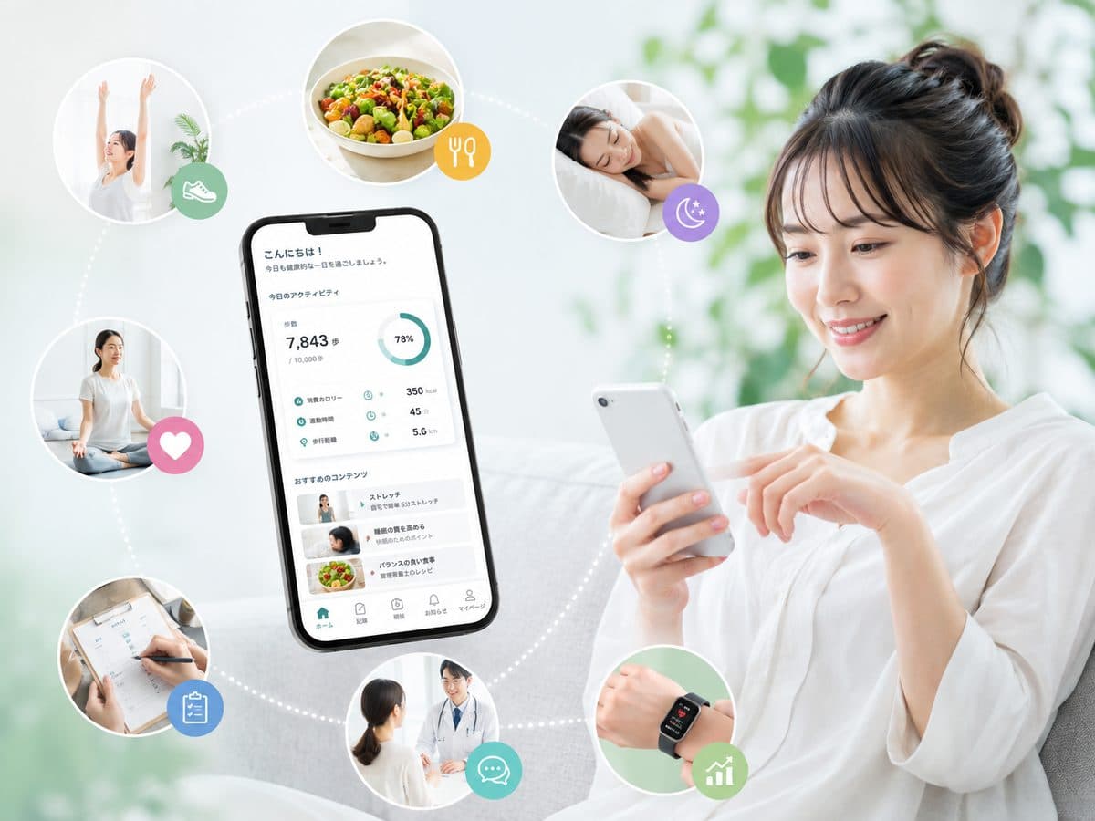 スマートフォンで健康の記録を見ている女性。まわりに運動・食事・睡眠・美容・体重の記録・オンライン相談のイメージが並んでいる